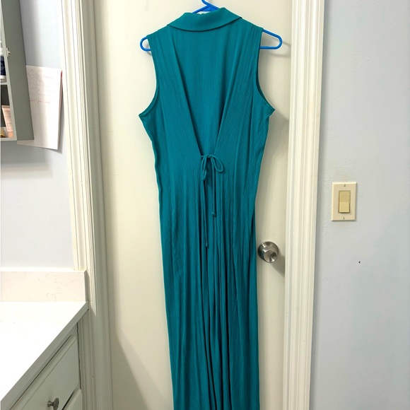 Vintage teal collared button-down maxi dress with slits - Picture 2 of 3